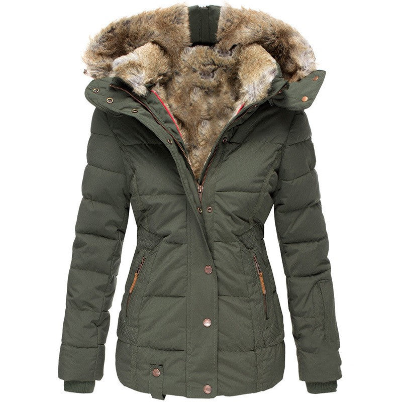 An olive green puffer coat with a faux fur-lined hood, shown against a white background.