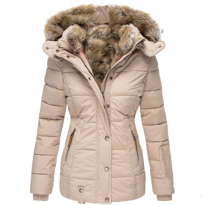 A beige puffer coat with a faux fur-lined hood, shown against a white background.