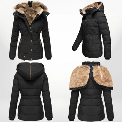 Four views of a black puffer coat with a faux fur-lined hood. The images show the front, back, and side views of the coat.