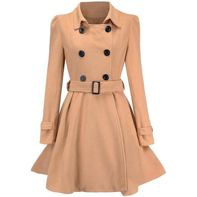 Khaki fit-and-flare coat with a double-breasted button closure and a tie belt.