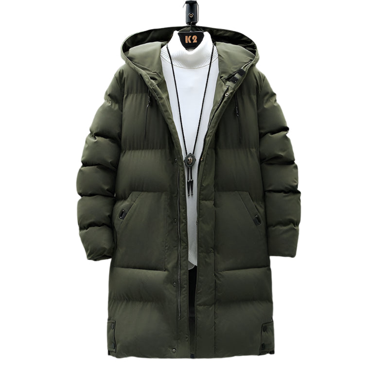 An army green long padded jacket with a hood, suitable for cold weather.