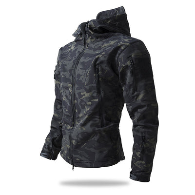 A men's waterproof tactical jacket in a black camouflage pattern, featuring a hood and multiple zippered pockets.