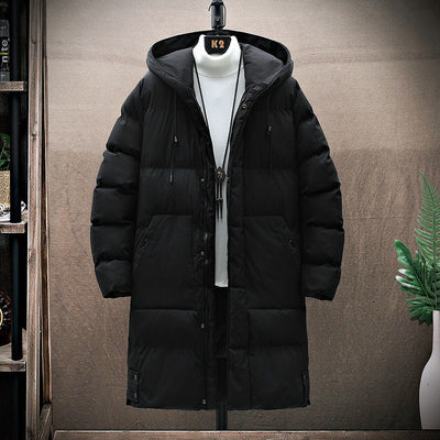 A black long padded jacket with a hood, perfect for winter.