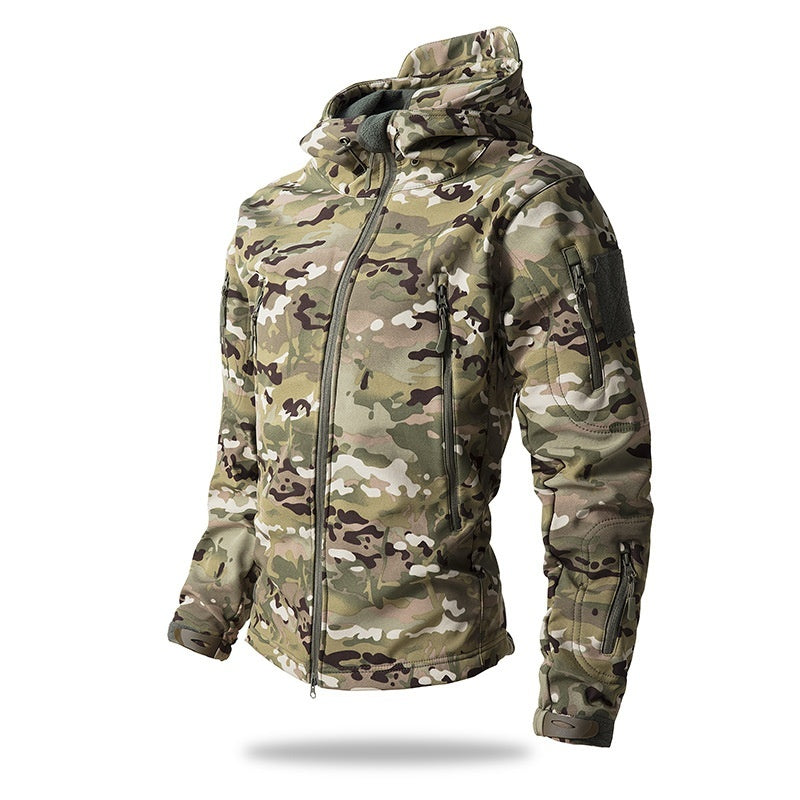 A camouflage men's waterproof tactical jacket with a hood and multiple zippered pockets.