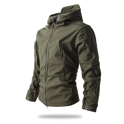 A green men's waterproof tactical jacket with a hood and multiple zippered pockets.