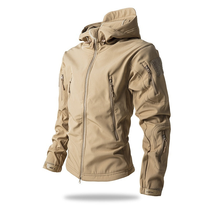 A khaki men's waterproof tactical jacket with a hood and multiple zippered pockets.