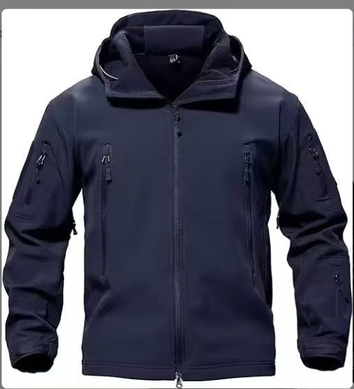 A navy blue men's waterproof tactical jacket with a hood and multiple zippered pockets.