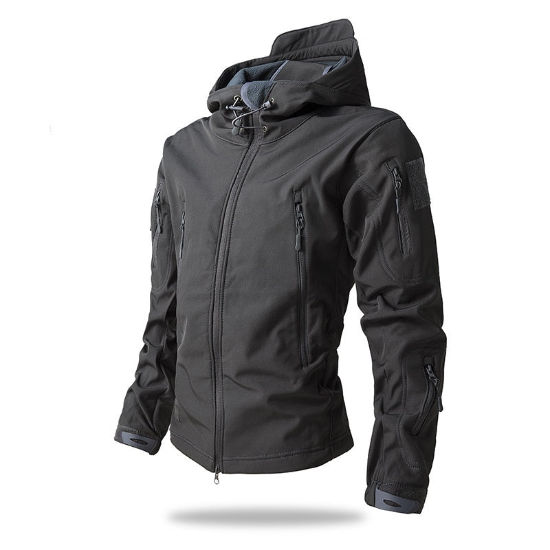 A black men's waterproof tactical jacket with a hood and multiple zippered pockets. Ideal for outdoor activities and urban wear.