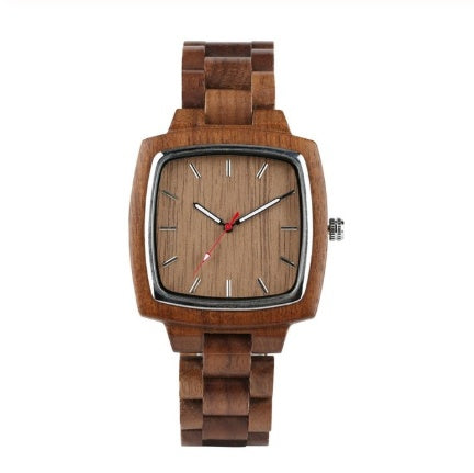 Men's wooden watch with a square face and a wooden link band.