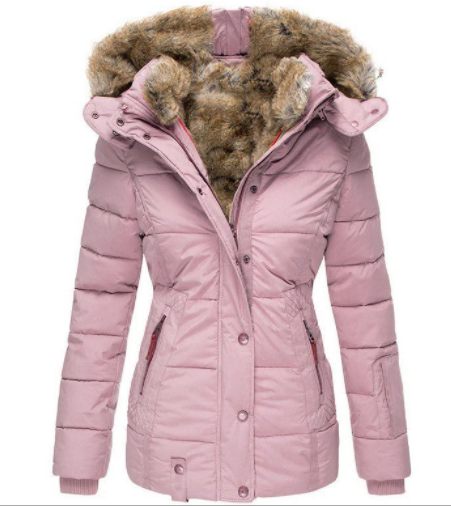 A pink puffer coat with a faux fur-lined hood, shown against a white background.