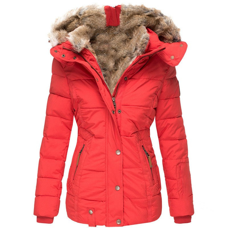 A red puffer coat with a faux fur-lined hood, shown against a white background.