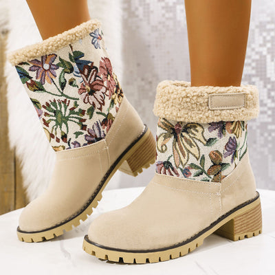 Beige women's ankle boots with a floral embroidered cuff, perfect for winter.