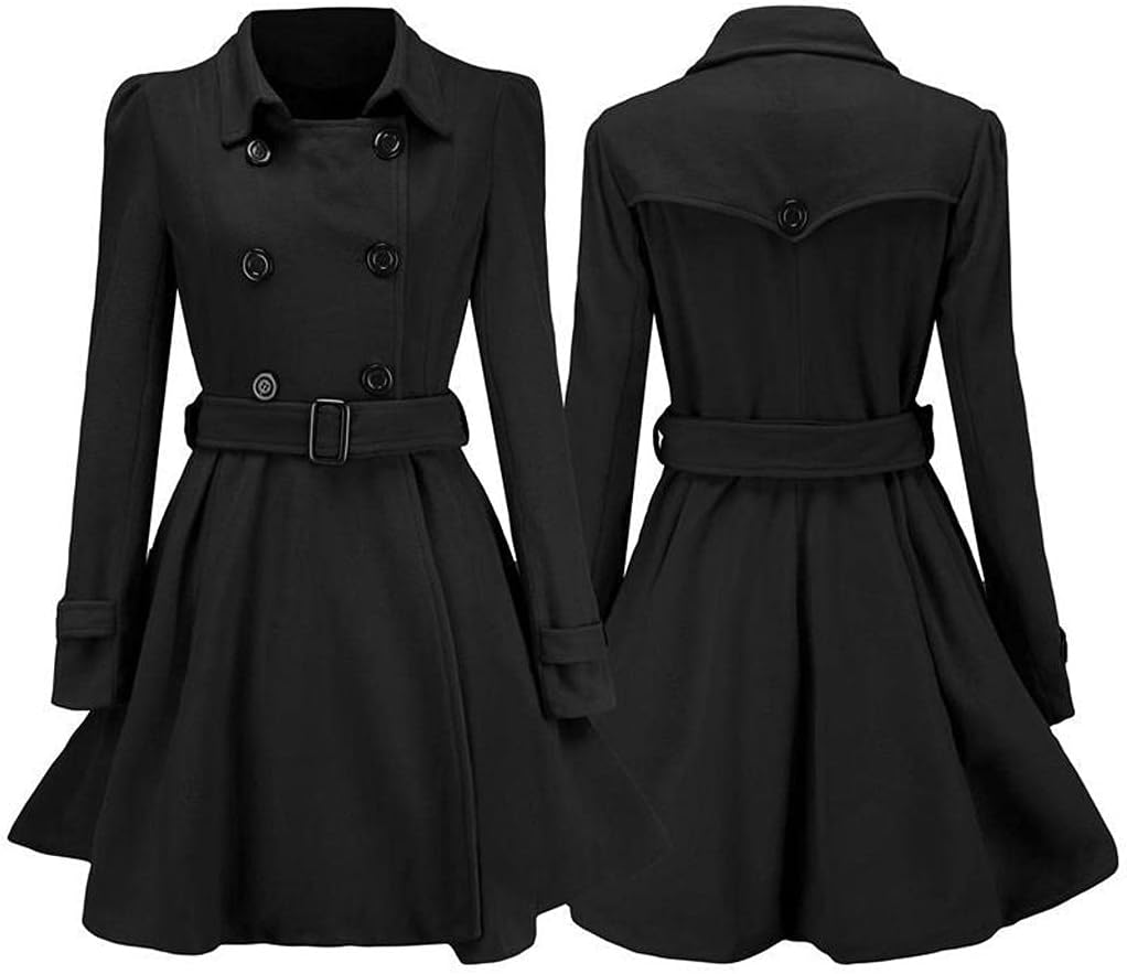 Front and back view of a black fit-and-flare coat with a double-breasted button closure and tie belt.