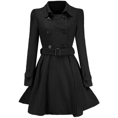 Black fit-and-flare coat with a double-breasted button closure and a tie belt.