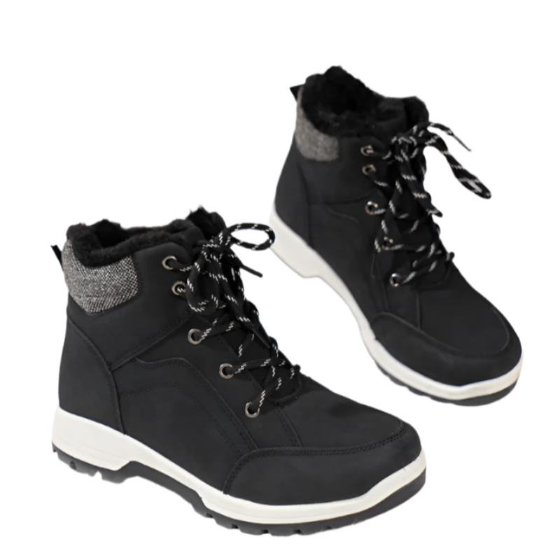 Pair of black winter boots for women with cozy fur lining, perfect for cold weather adventures.