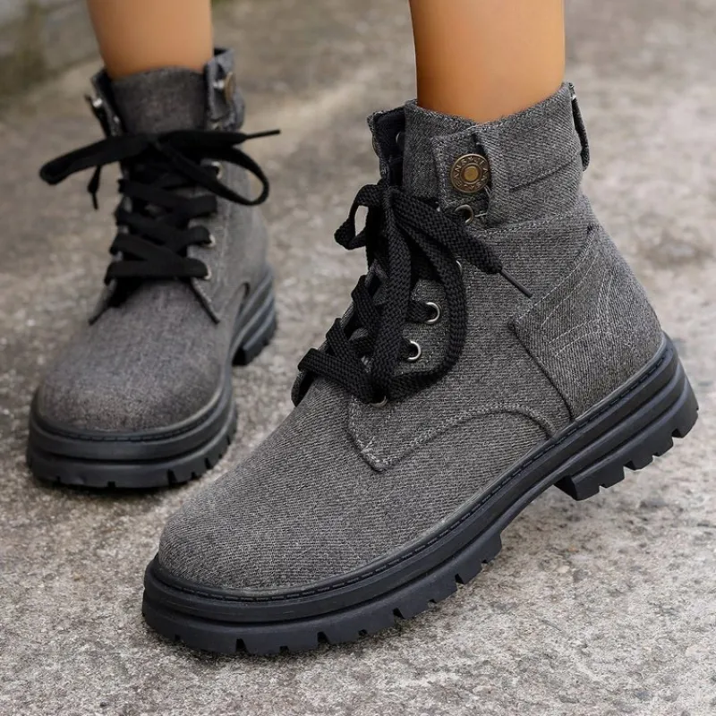 Stylish gray denim lace-up ankle boots for women.