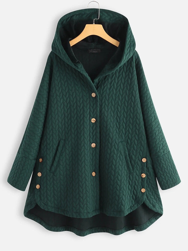 Green quilted coat with a hood, button front, and side pockets.