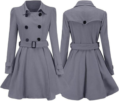 Front and back view of a grey fit-and-flare coat with a double-breasted button closure and tie belt.