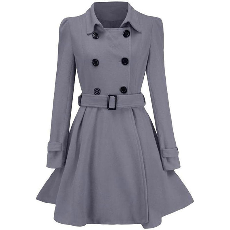 Grey fit-and-flare coat with a double-breasted button closure and a tie belt.