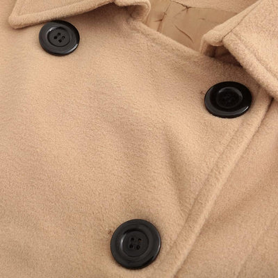 Close-up of the double-breasted button closure on a khaki women's coat.