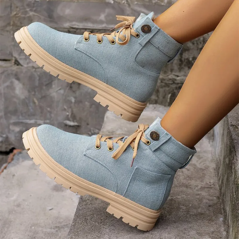  Light wash denim lace-up boots with chunky beige soles, perfect for a casual and trendy look.