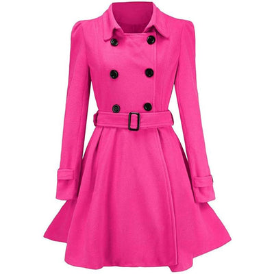 Pink fit-and-flare coat with a double-breasted button closure and a tie belt.