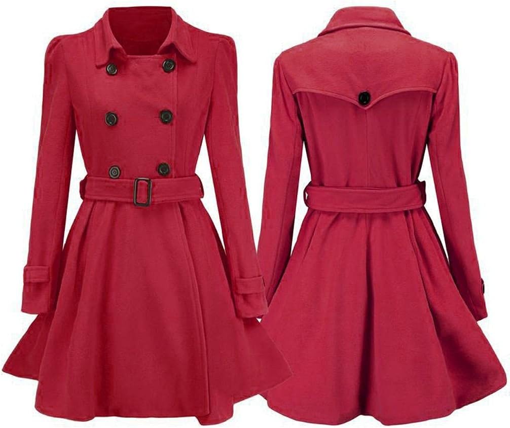 Front and back view of a red fit-and-flare coat with a double-breasted button closure and tie belt.