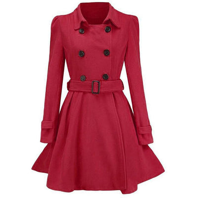 Red fit-and-flare coat with a double-breasted button closure and a tie belt.