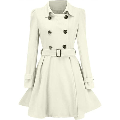 White fit-and-flare coat with a double-breasted button closure and a tie belt.