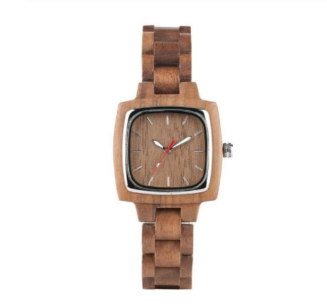 Women's wooden watch with a square face and a wooden link band.