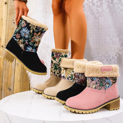 Assorted colors of winter boots with floral embroidery and faux fur lining