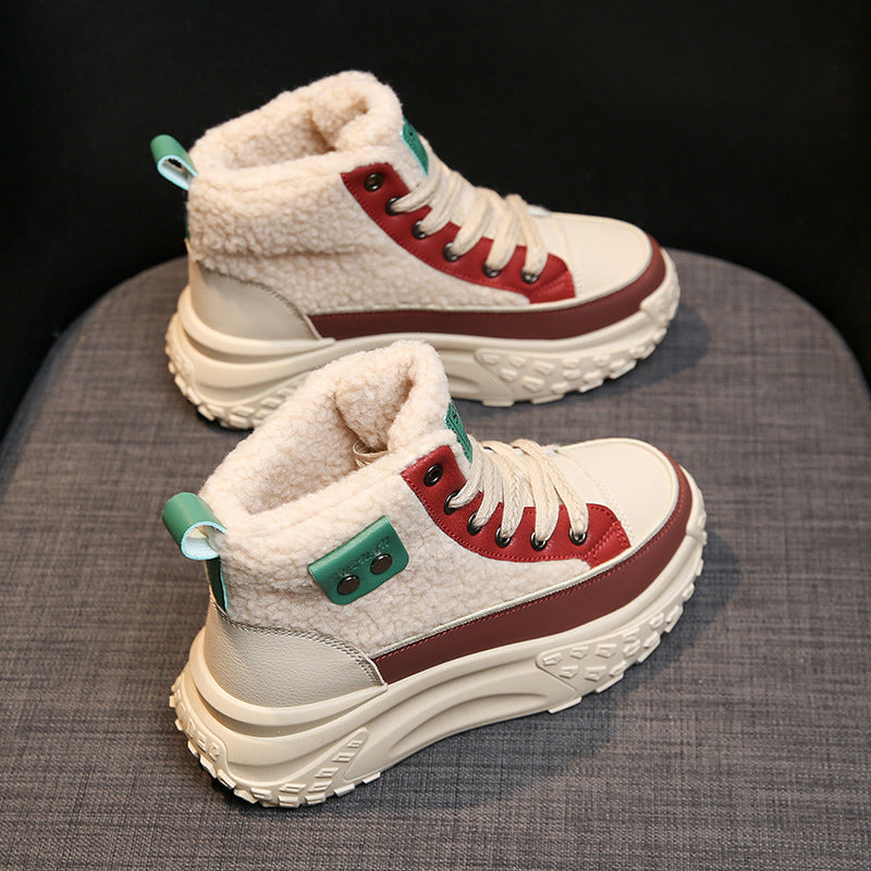 Women's high-top sneakers in white and red with green trim, featuring a cozy fleece lining for added comfort.