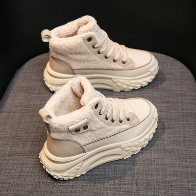 Stylish women's high-top white sneakers with a soft fleece lining on the bottom for extra comfort and warmth.