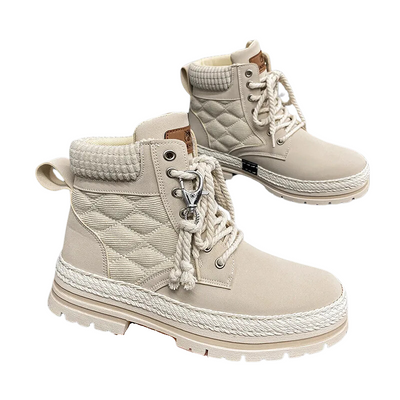 Men's beige high-top casual boots with quilted design and rope laces.