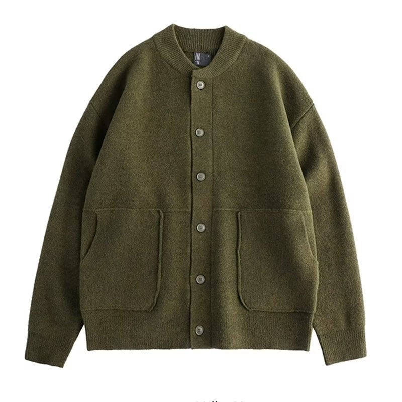 An olive-green button-up cardigan for men.