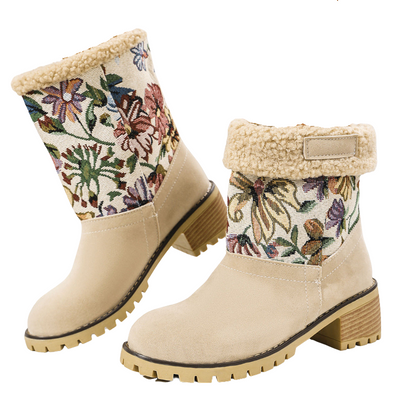 Women's beige ankle boots with floral tapestry pattern and faux fur trim.