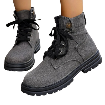 Women's gray lace-up ankle boots with rugged sole.