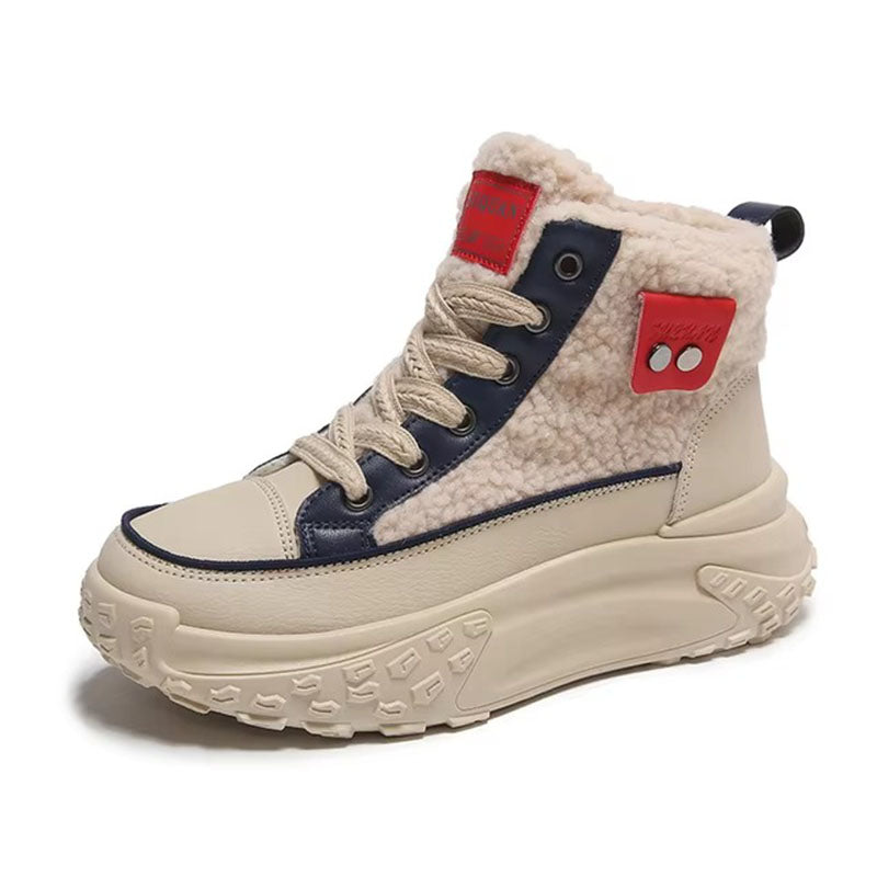 Stylish women's high-top sneakers in beige and blue, featuring cozy fleece for added warmth.