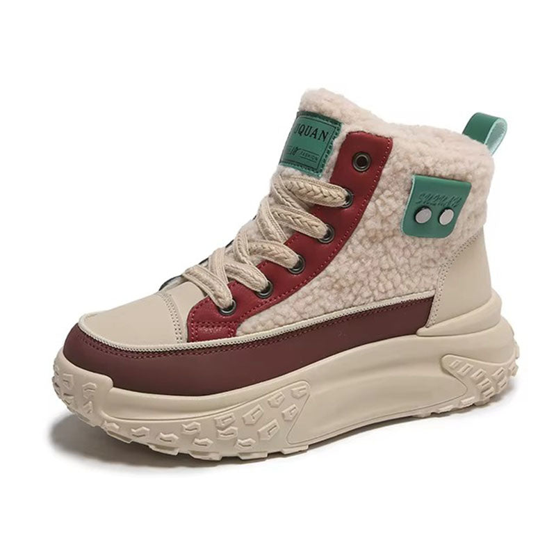 Stylish women's high-top sneakers made of leather and fur, lined with fleece for comfort and warmth.