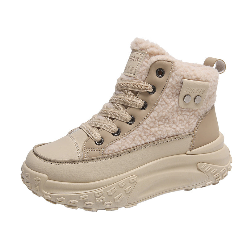 Women's beige high top sneakers with fleece lining and fur accents, perfect for stylish comfort in cooler weather.