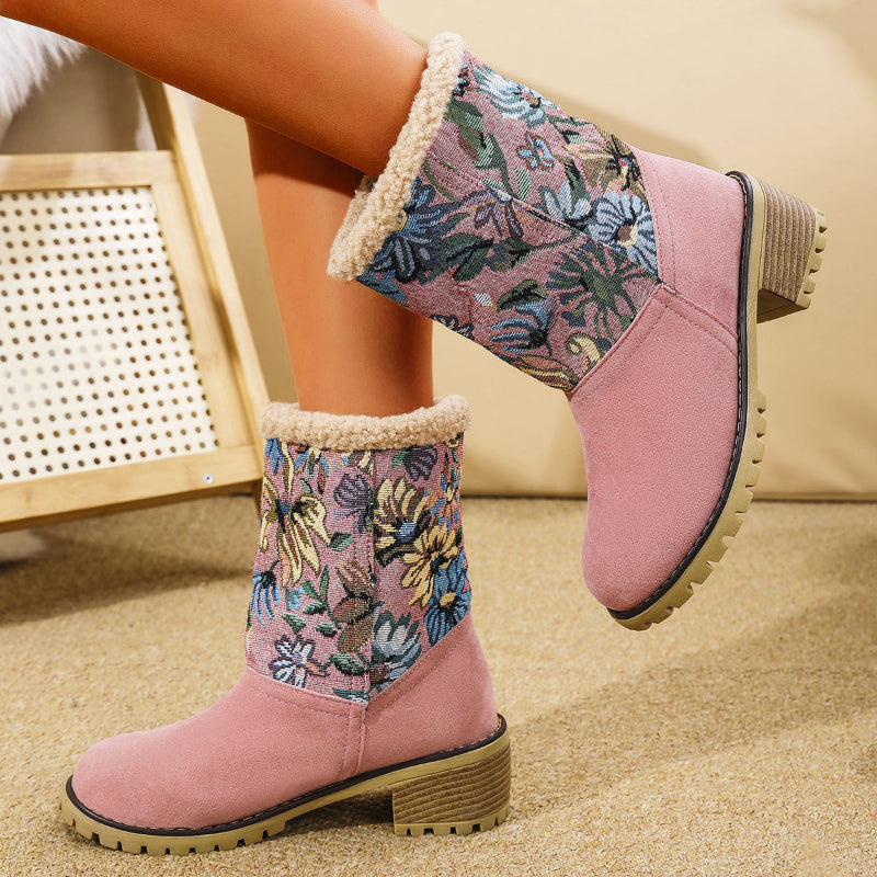 Women's winter boots, pink, floral embroidery, faux fur, chunky heel, warm, stylish